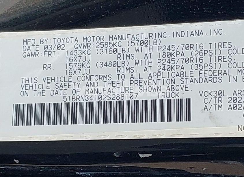Photo 9 of 2002 Toyota Tundra SR5 (VIN 5TBRN34102S288107)