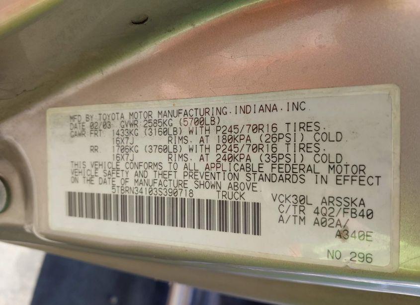 Photo 9 of 2003 Toyota Tundra SR5 (VIN 5TBRN34103S390718)