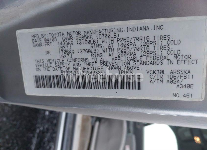 Photo 9 of 2003 Toyota Tundra SR5 (VIN 5TBRN34133S408855)