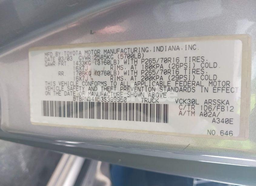 Photo 9 of 2003 Toyota Tundra SR5 (VIN 5TBRN34153S399950)