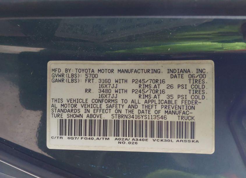 Photo 9 of 2000 Toyota Tundra SR5 (VIN 5TBRN3416YS113546)