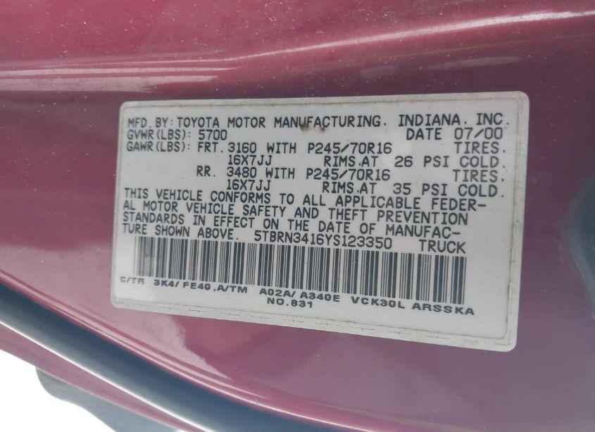 Photo 9 of 2000 Toyota Tundra SR5 (VIN 5TBRN3416YS123350)