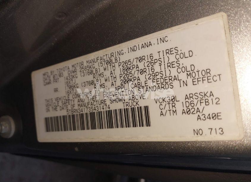 Photo 9 of 2003 Toyota Tundra SR5 (VIN 5TBRN34173S431474)