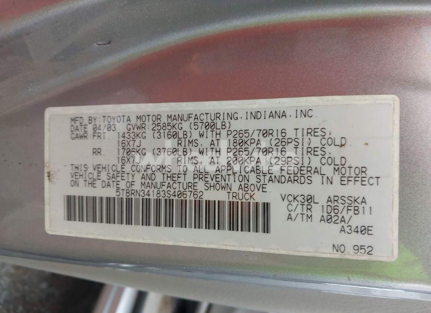 Photo 9 of 2003 Toyota Tundra SR5 (VIN 5TBRN34183S406762)