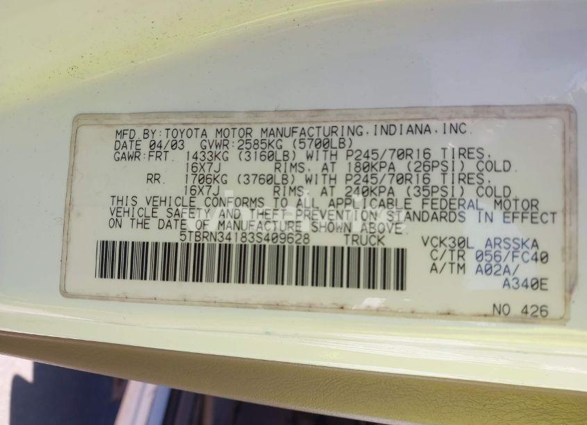 Photo 9 of 2003 Toyota Tundra SR5 (VIN 5TBRN34183S409628)