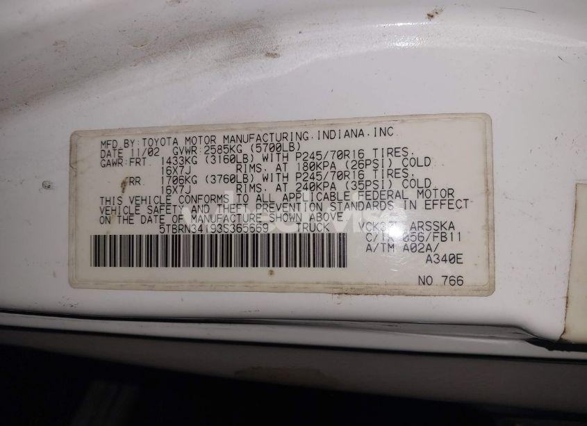 Photo 9 of 2003 Toyota Tundra SR5 (VIN 5TBRN34193S365669)