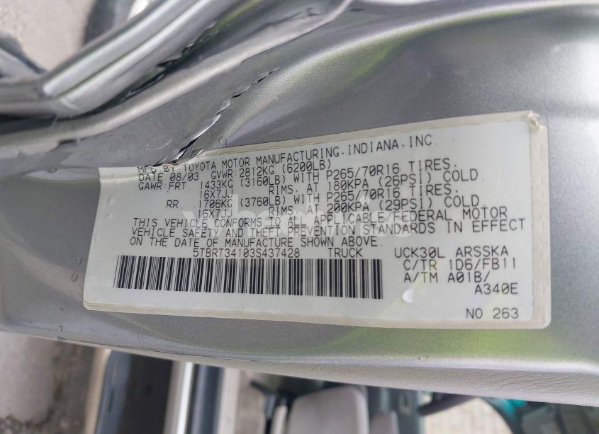 Photo 9 of 2003 Toyota Tundra SR5 V8 (VIN 5TBRT34103S437428)