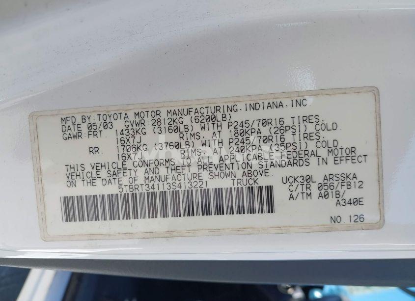 Photo 9 of 2003 Toyota Tundra SR5 V8 (VIN 5TBRT34113S413221)