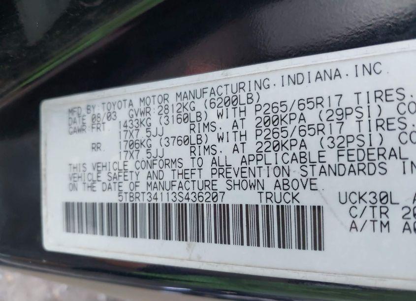 Photo 9 of 2003 Toyota Tundra SR5 V8 (VIN 5TBRT34113S436207)