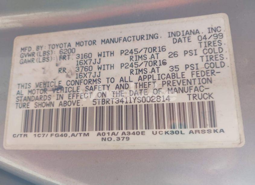 Photo 9 of 2000 Toyota Tundra SR5 V8 (VIN 5TBRT3411YS002814)