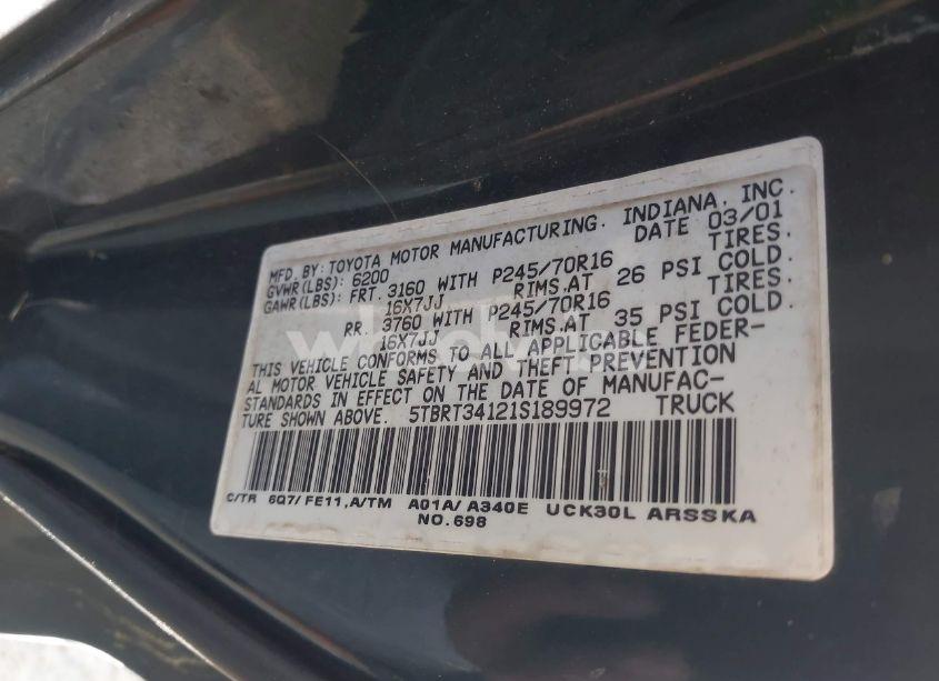 Photo 9 of 2001 Toyota Tundra SR5 V8 (VIN 5TBRT34121S189972)