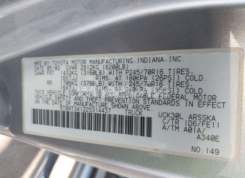 Photo 9 of 2002 Toyota Tundra SR5 V8 (VIN 5TBRT34122S314437)