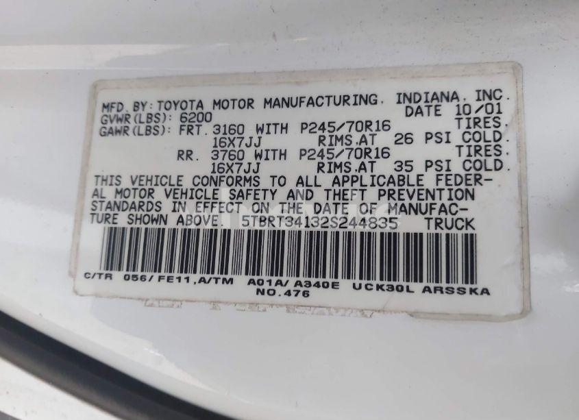 Photo 9 of 2002 Toyota Tundra SR5 V8 (VIN 5TBRT34132S244835)