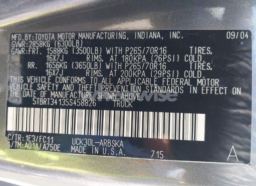 Photo 9 of 2005 Toyota Tundra SR5 V8 (VIN 5TBRT34135S458826)