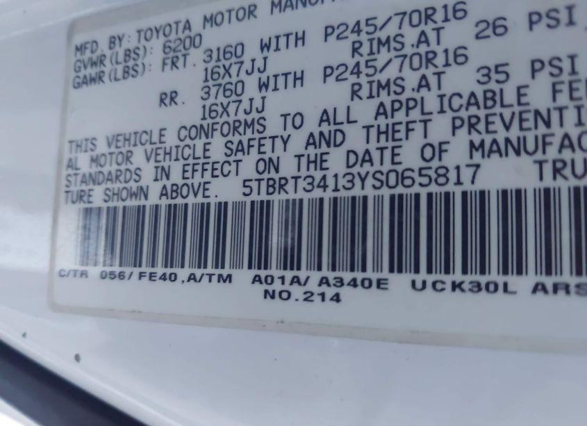 Photo 9 of 2000 Toyota Tundra SR5 V8 (VIN 5TBRT3413YS065817)