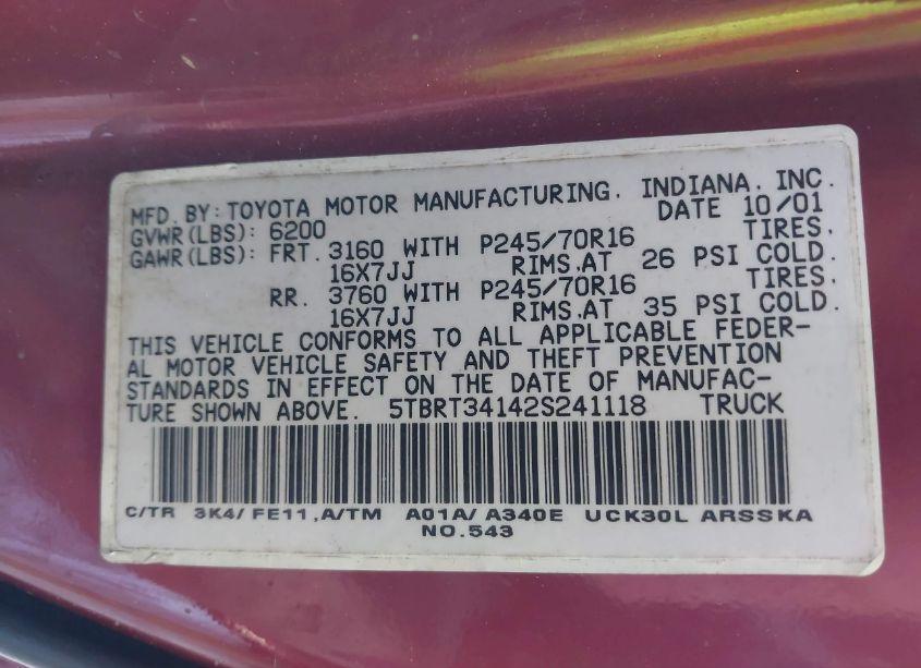 Photo 9 of 2002 Toyota Tundra SR5 V8 (VIN 5TBRT34142S241118)