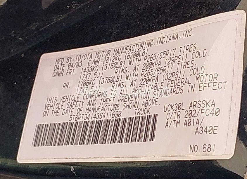 Photo 9 of 2003 Toyota Tundra SR5 V8 (VIN 5TBRT34143S411690)