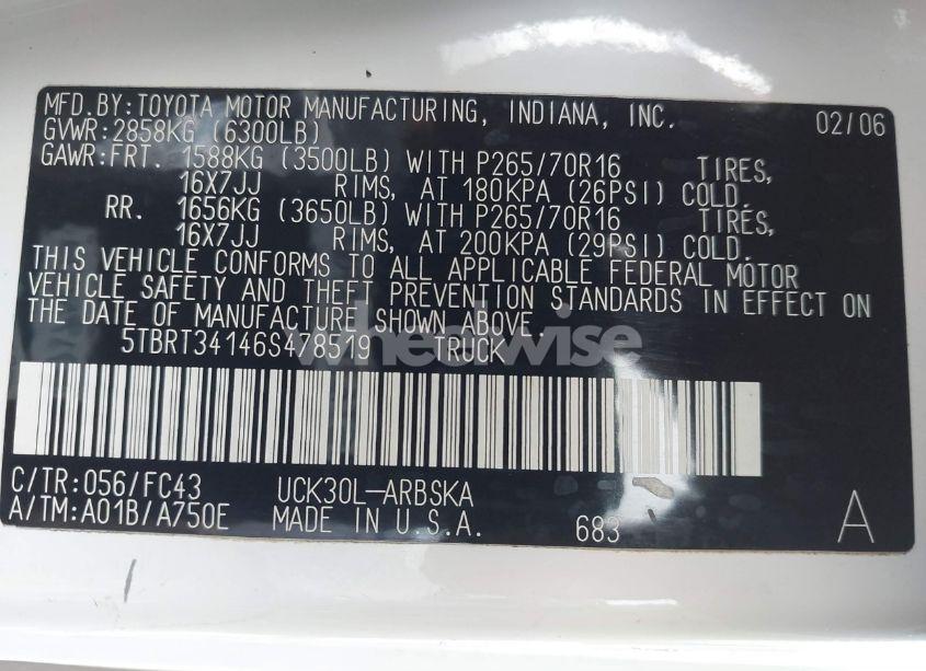 Photo 9 of 2006 Toyota Tundra SR5 V8 (VIN 5TBRT34146S478519)