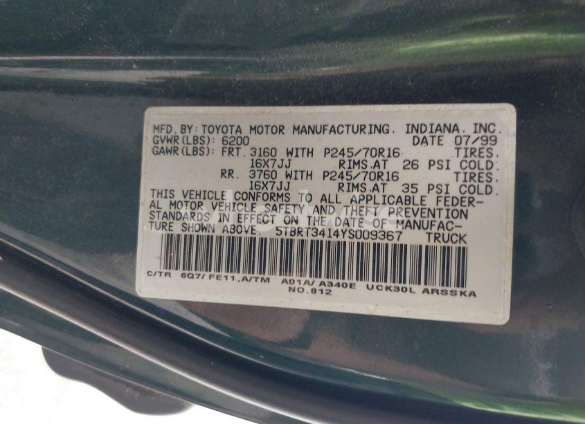 Photo 9 of 2000 Toyota Tundra SR5 V8 (VIN 5TBRT3414YS009367)