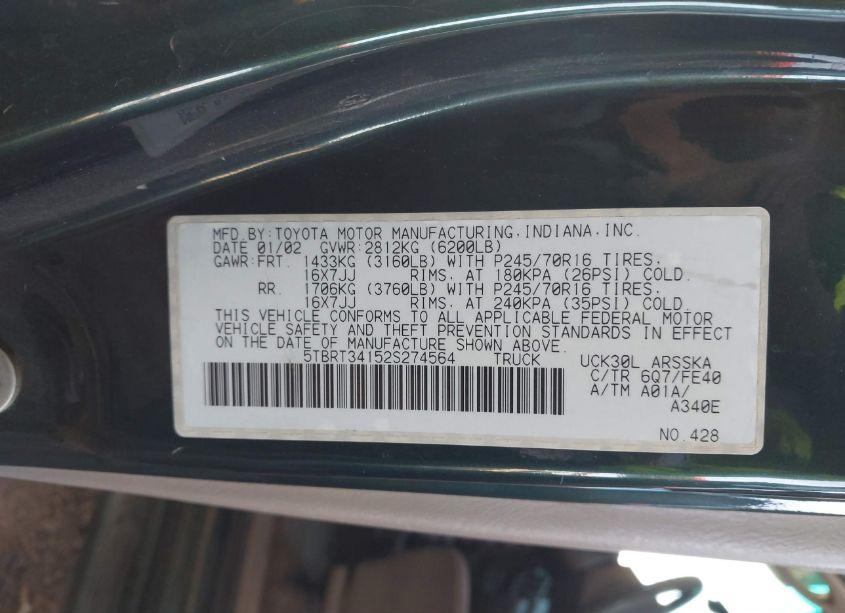 Photo 9 of 2002 Toyota Tundra SR5 V8 (VIN 5TBRT34152S274564)