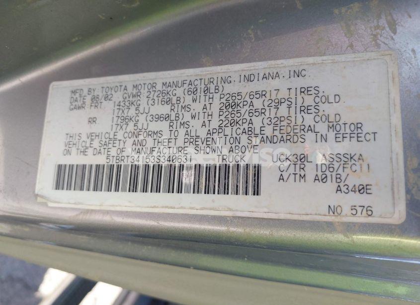 Photo 9 of 2003 Toyota Tundra SR5 V8 (VIN 5TBRT34153S340631)