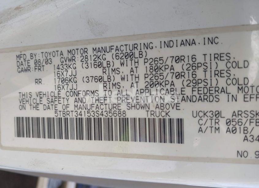 Photo 9 of 2003 Toyota Tundra (VIN 5TBRT34153S435688)