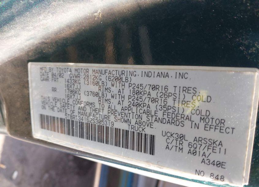 Photo 8 of 2002 Toyota Tundra SR5 V8 (VIN 5TBRT34162S305319)