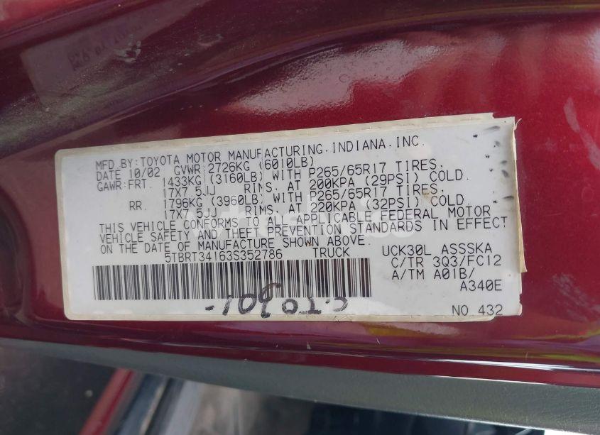 Photo 9 of 2003 Toyota Tundra SR5 V8 (VIN 5TBRT34163S352786)