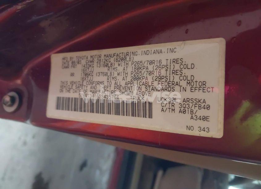 Photo 9 of 2003 Toyota Tundra SR5 V8 (VIN 5TBRT34163S435764)