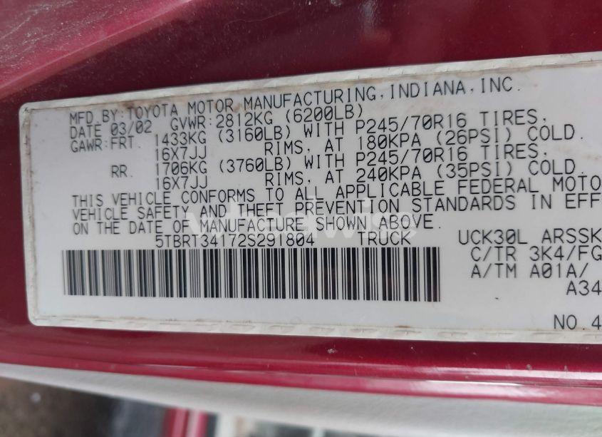 Photo 9 of 2002 Toyota Tundra SR5 V8 (VIN 5TBRT34172S291804)