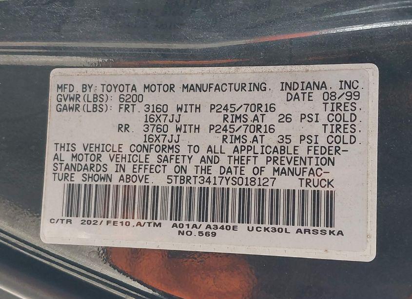 Photo 9 of 2000 Toyota Tundra SR5 V8 (VIN 5TBRT3417YS018127)