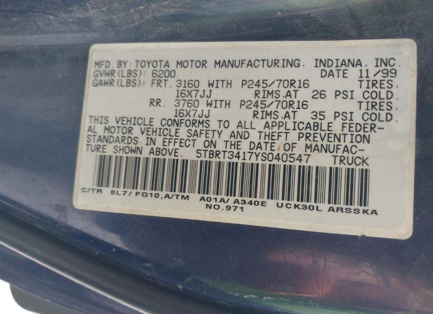 Photo 9 of 2000 Toyota Tundra SR5 V8 (VIN 5TBRT3417YS040547)