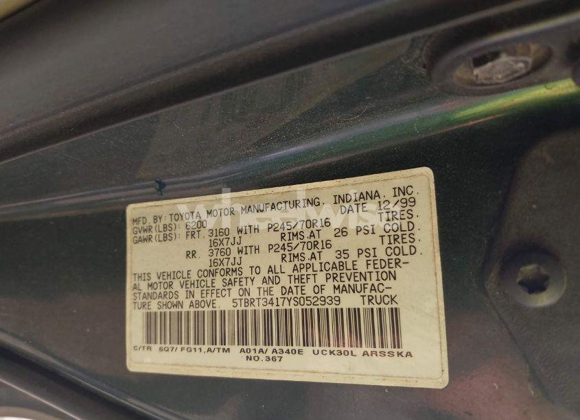 Photo 9 of 2000 Toyota Tundra SR5 V8 (VIN 5TBRT3417YS052939)