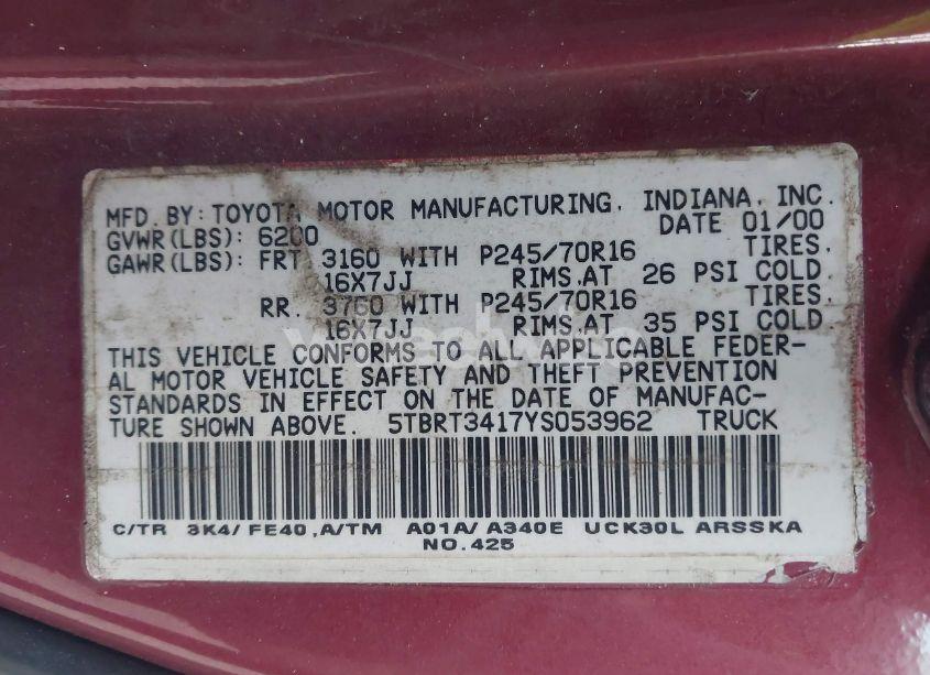 Photo 9 of 2000 Toyota Tundra SR5 V8 (VIN 5TBRT3417YS053962)