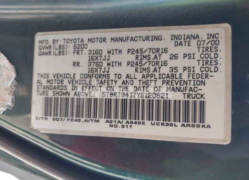 Photo 9 of 2000 Toyota Tundra SR5 V8 (VIN 5TBRT3417YS120821)