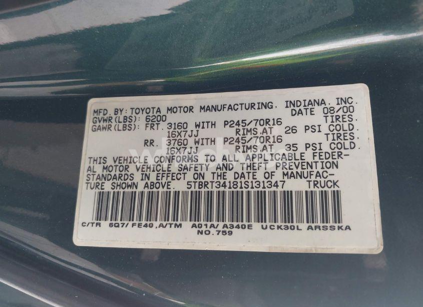 Photo 9 of 2001 Toyota Tundra SR5 V8 (VIN 5TBRT34181S131347)