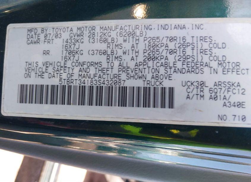 Photo 9 of 2003 Toyota Tundra SR5 V8 (VIN 5TBRT34183S432087)