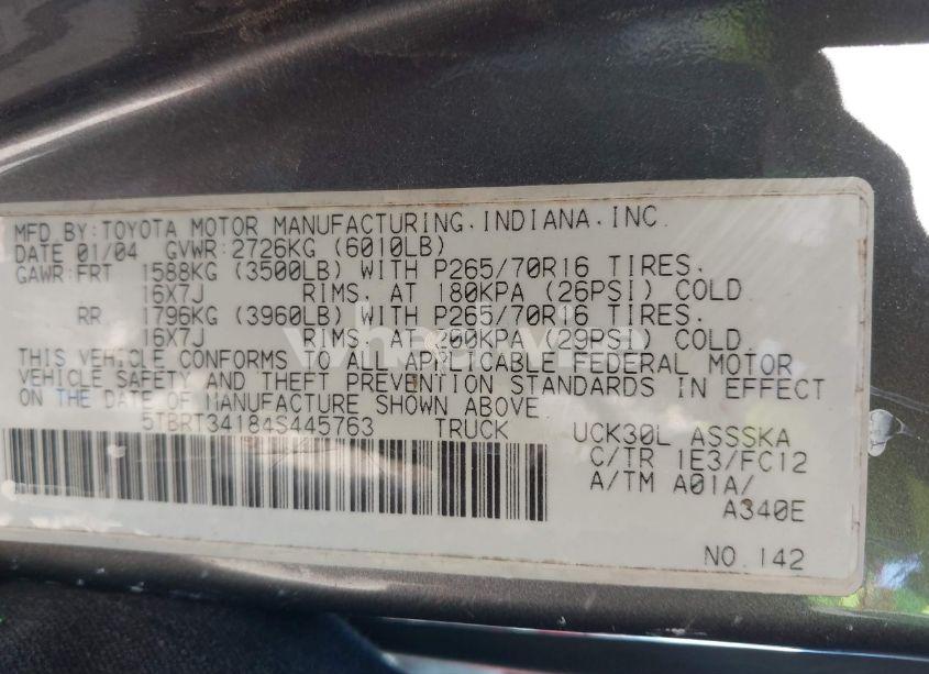 Photo 9 of 2004 Toyota Tundra SR5 V8 (VIN 5TBRT34184S445763)