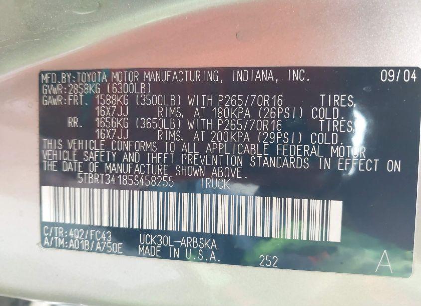 Photo 9 of 2005 Toyota Tundra SR5 V8 (VIN 5TBRT34185S458255)