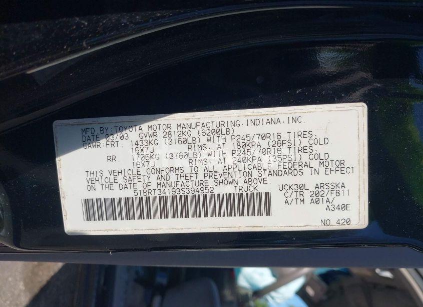 Photo 9 of 2003 Toyota Tundra SR5 V8 (VIN 5TBRT34193S394952)