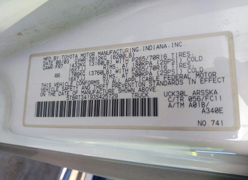 Photo 9 of 2003 Toyota Tundra SR5 V8 (VIN 5TBRT34193S425729)