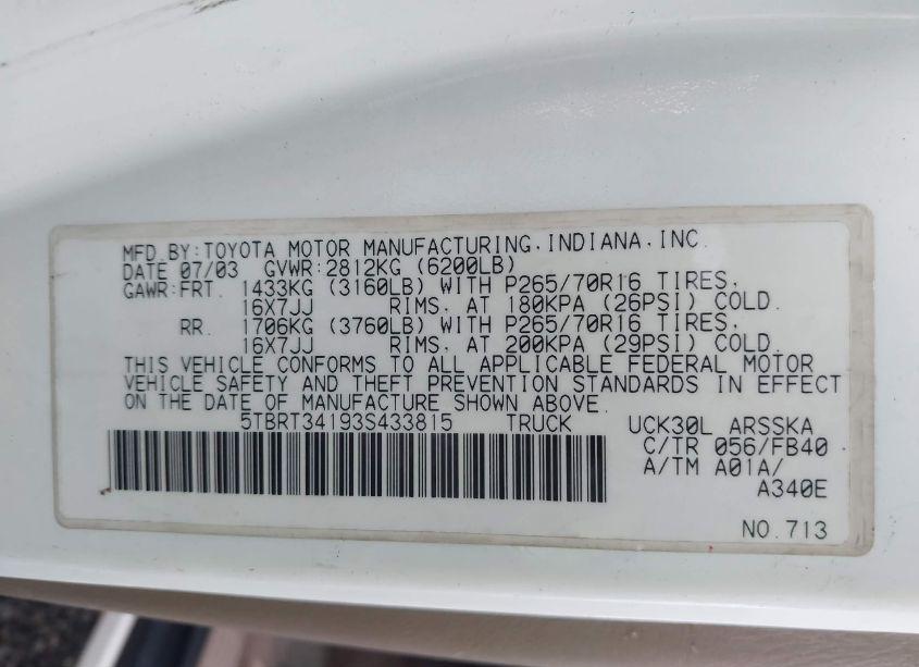 Photo 9 of 2003 Toyota Tundra SR5 V8 (VIN 5TBRT34193S433815)