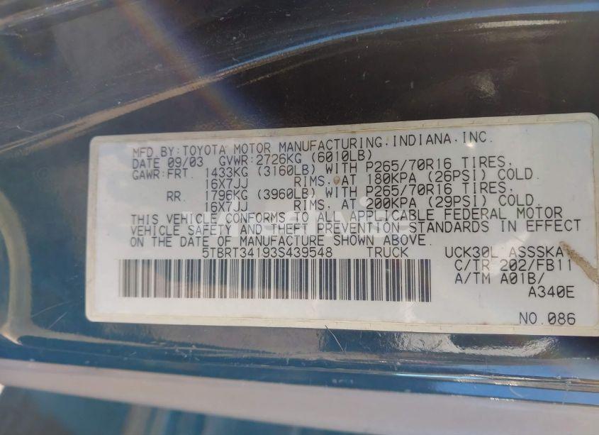 Photo 9 of 2003 Toyota Tundra SR5 V8 (VIN 5TBRT34193S439548)