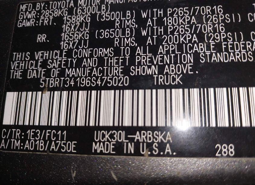 Photo 9 of 2006 Toyota Tundra ACCESS CAB SR5 (VIN 5TBRT34196S475020)