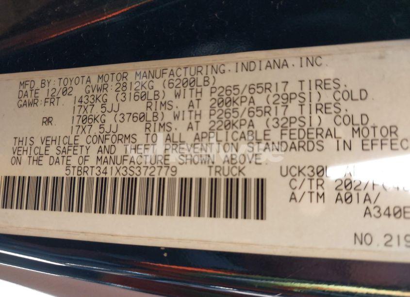 Photo 9 of 2003 Toyota Tundra SR5 V8 (VIN 5TBRT341X3S372779)