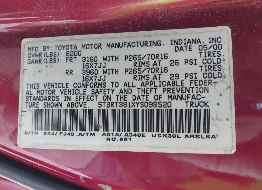 Photo 9 of 2000 Toyota Tundra LTD V8 (VIN 5TBRT381XYS098520)