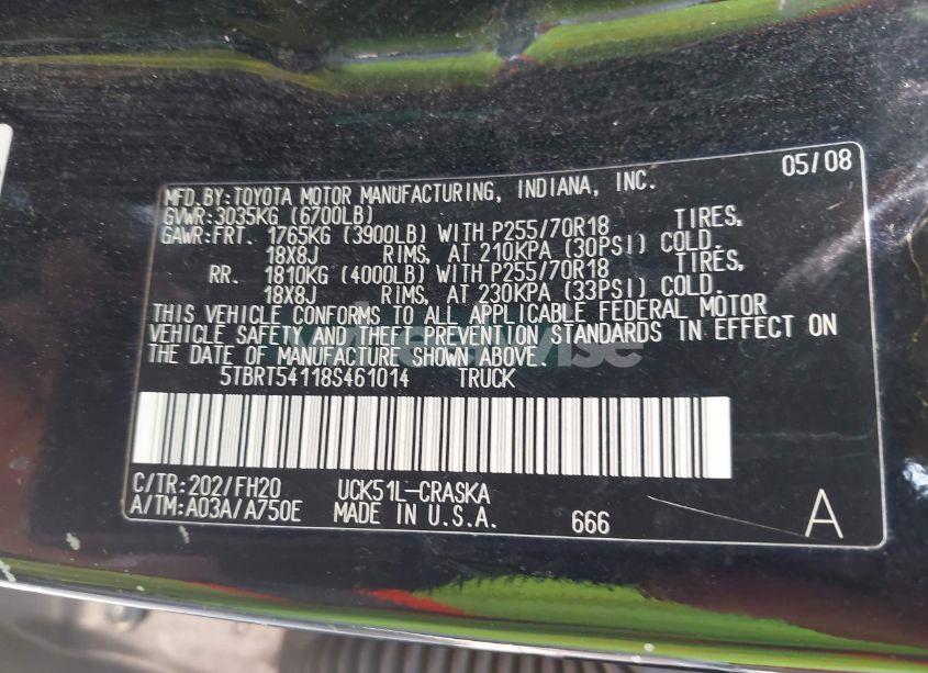 Photo 9 of 2008 Toyota Tundra BASE 4.7L V8 (VIN 5TBRT54118S461014)