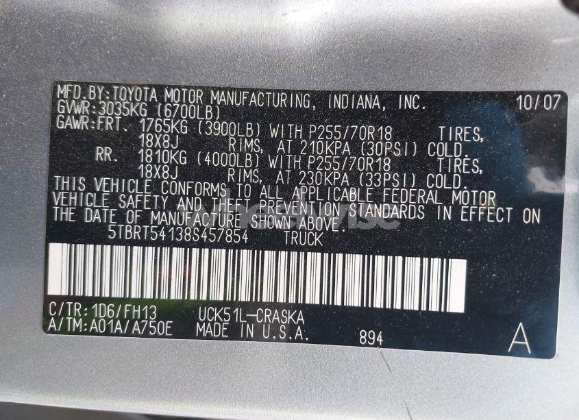 Photo 9 of 2008 Toyota Tundra SR5 4.7L V8 (VIN 5TBRT54138S457854)