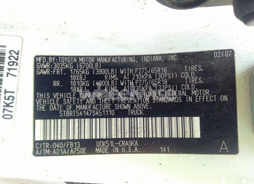 Photo 9 of 2007 Toyota Tundra SR5 4.7L V8 (VIN 5TBRT54147S451110)