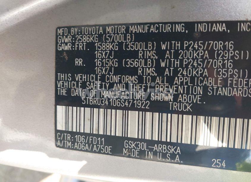 Photo 9 of 2006 Toyota Tundra SR5 (VIN 5TBRU34106S471922)